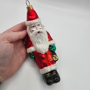 Vintage Poland‎ Hand Blown Glass Santa Ornament Red Coat Lantern Crescent Shape